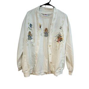 Angel  and Floral Embroidered White Cardigan T-Shirt Set  Sz XL